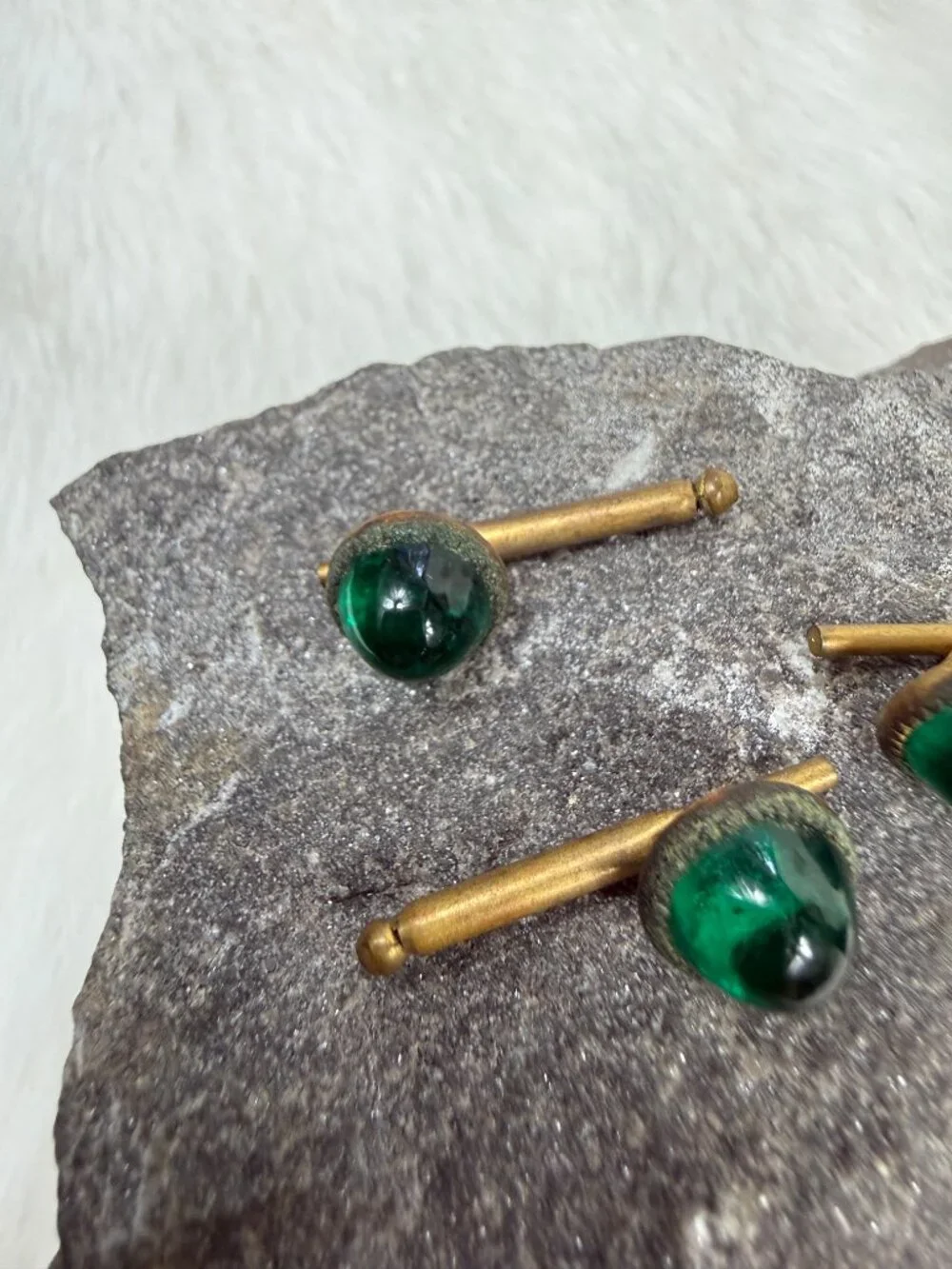 Vintage Set of 3 Green Glass & Brass Button Shirt Studs